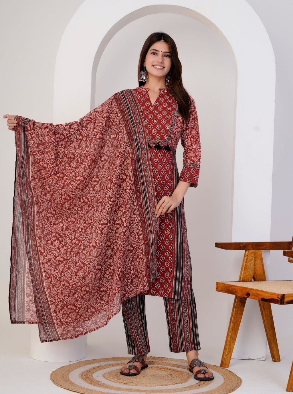 Women's Red Cotton Printed Kurta Set with Dupatta & Striped Pants – Ethnic Wear for Festive & Daily Use