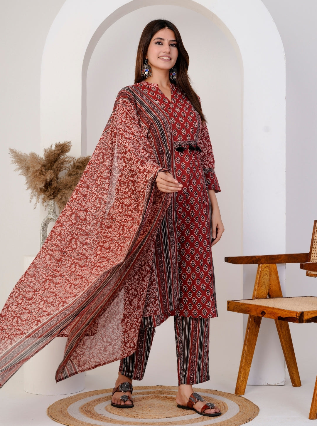 Women's Red Cotton Printed Kurta Set with Dupatta & Striped Pants – Ethnic Wear for Festive & Daily Use