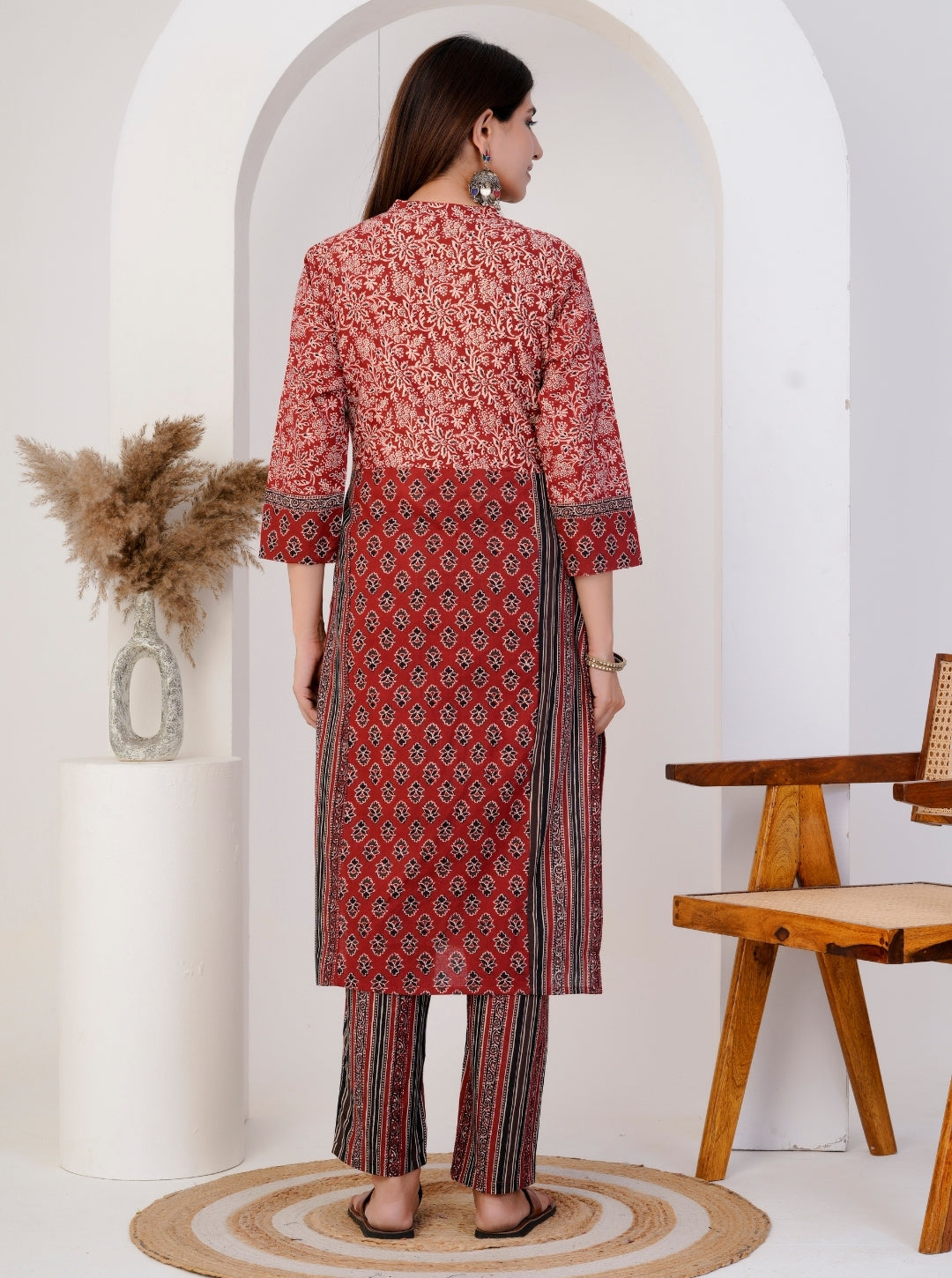 Women's Red Cotton Printed Kurta Set with Dupatta & Striped Pants – Ethnic Wear for Festive & Daily Use