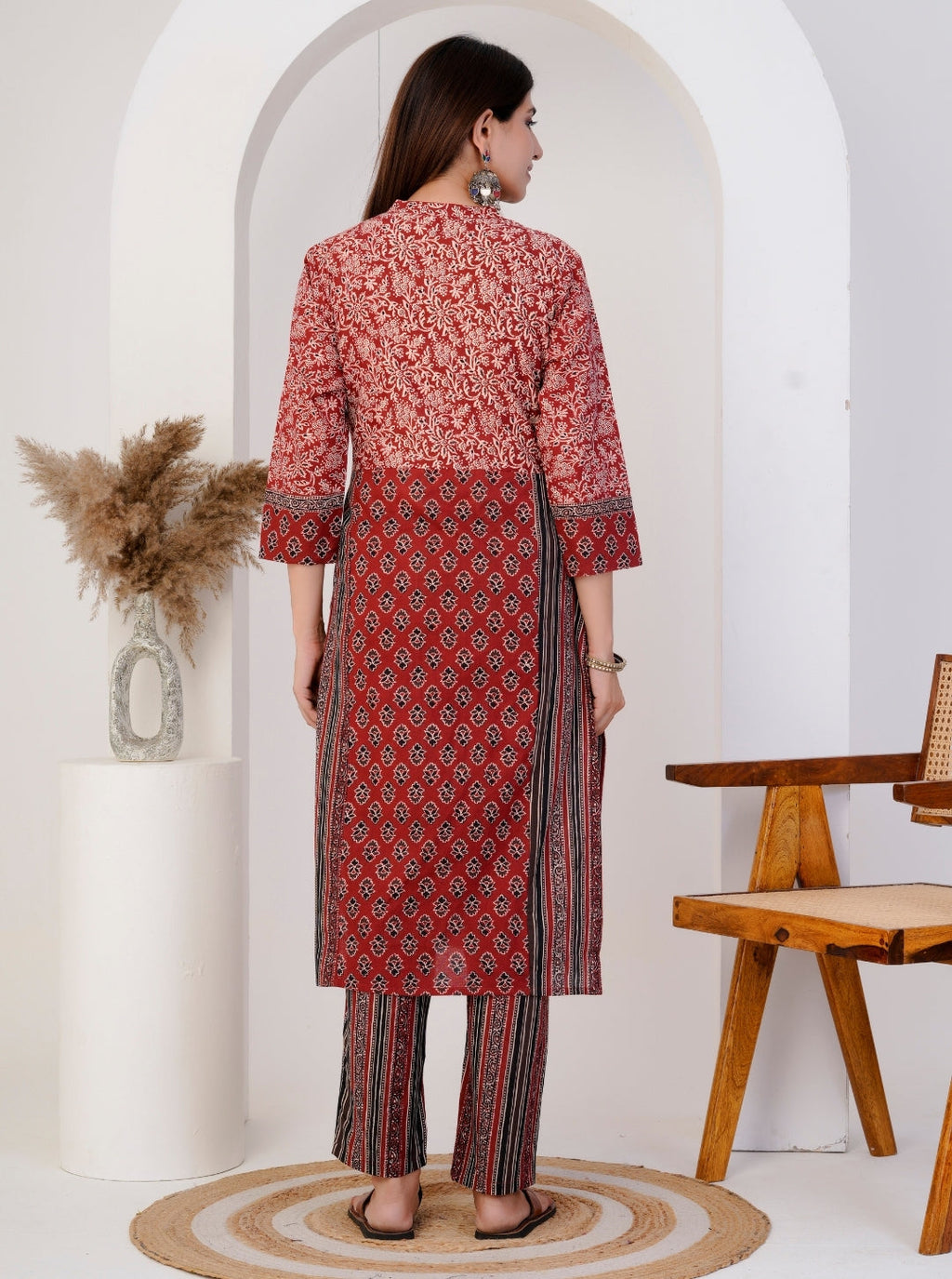 Women's Red Cotton Printed Kurta Set with Dupatta & Striped Pants – Ethnic Wear for Festive & Daily Use