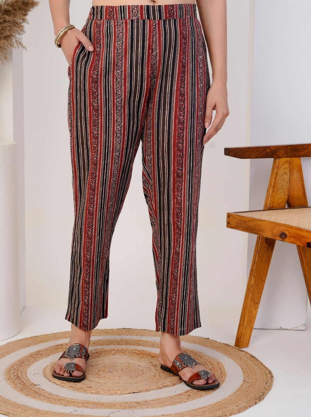 Women's Red Cotton Printed Kurta Set with Dupatta & Striped Pants – Ethnic Wear for Festive & Daily Use