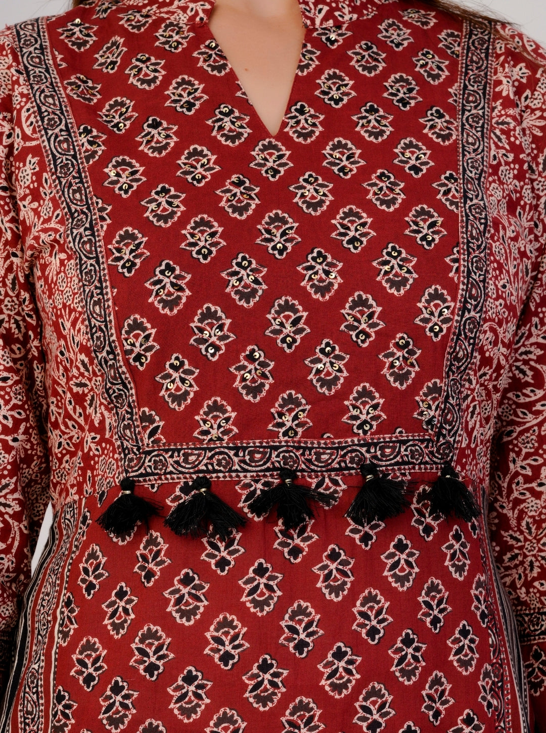 Women's Red Cotton Printed Kurta Set with Dupatta & Striped Pants – Ethnic Wear for Festive & Daily Use