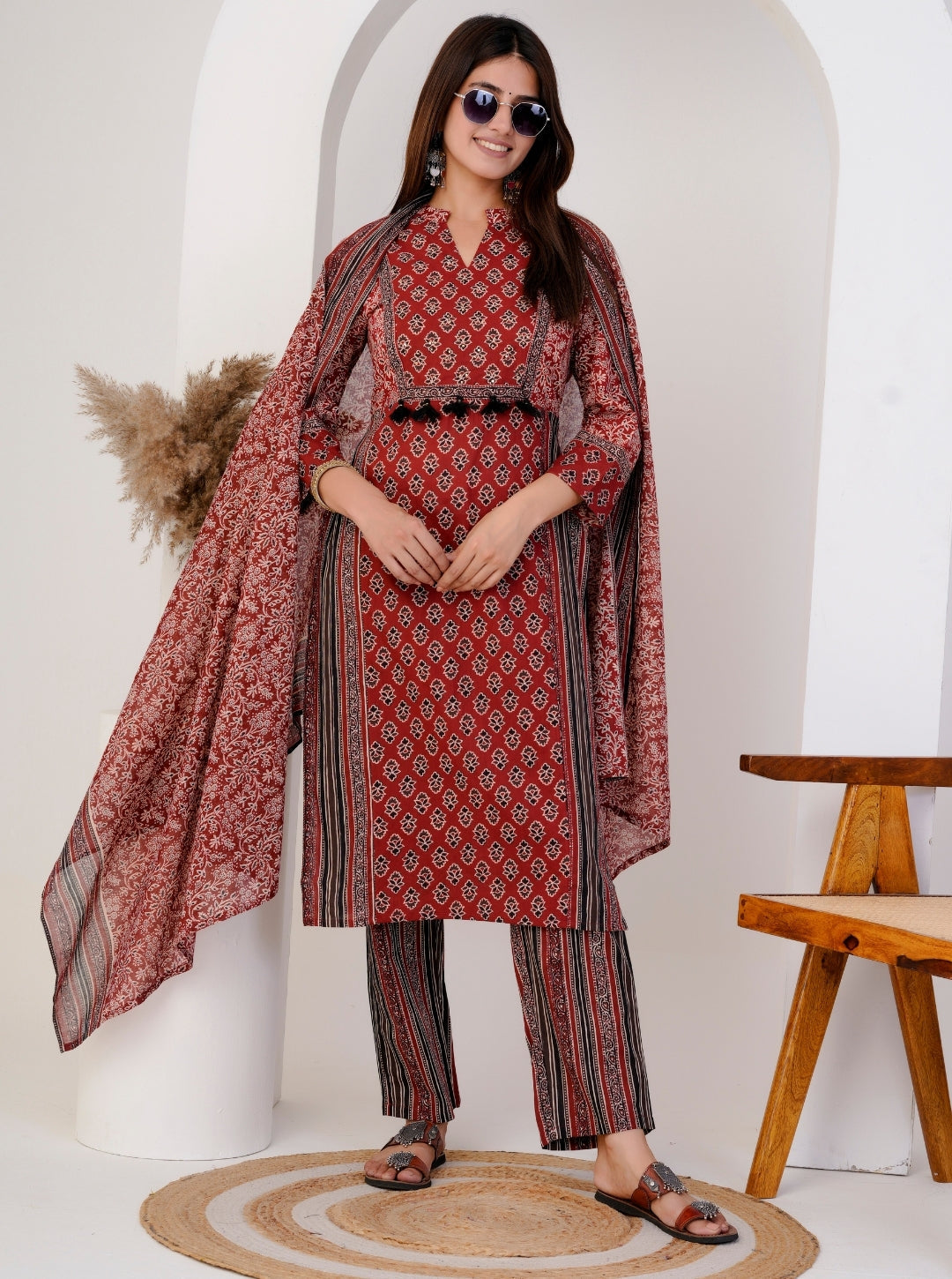 Women's Red Cotton Printed Kurta Set with Dupatta & Striped Pants – Ethnic Wear for Festive & Daily Use