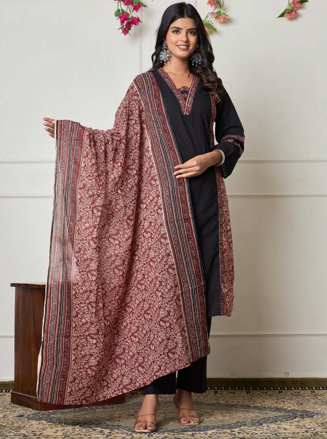 Elegant Black Cotton Printed Kurta Set with Maroon Dupatta