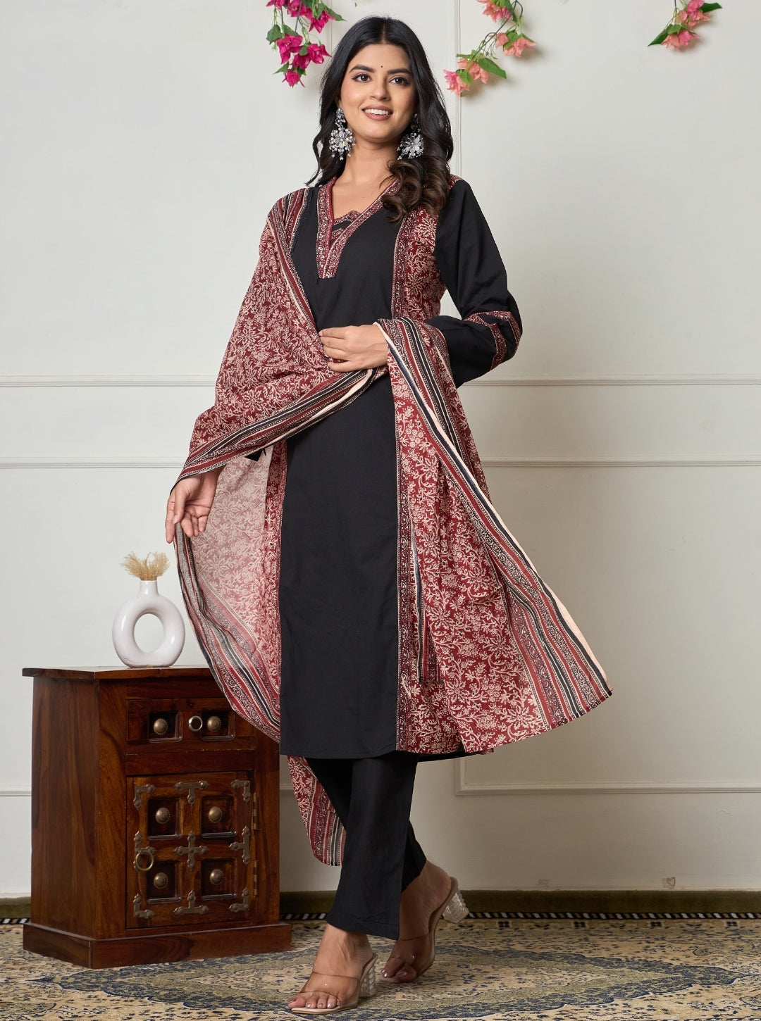 Elegant Black Cotton Printed Kurta Set with Maroon Dupatta