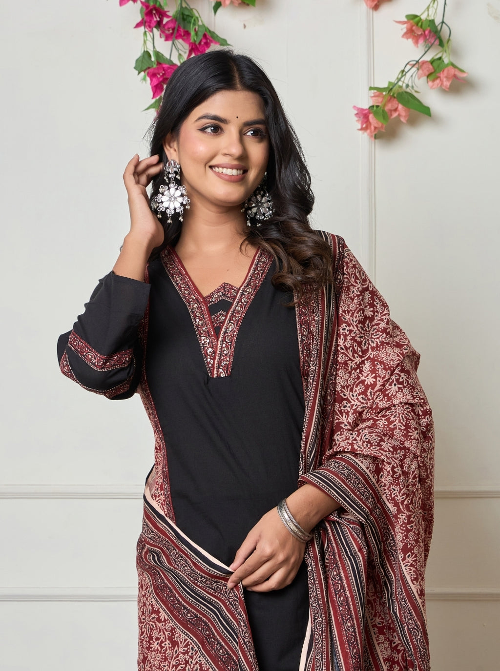 Elegant Black Cotton Printed Kurta Set with Maroon Dupatta