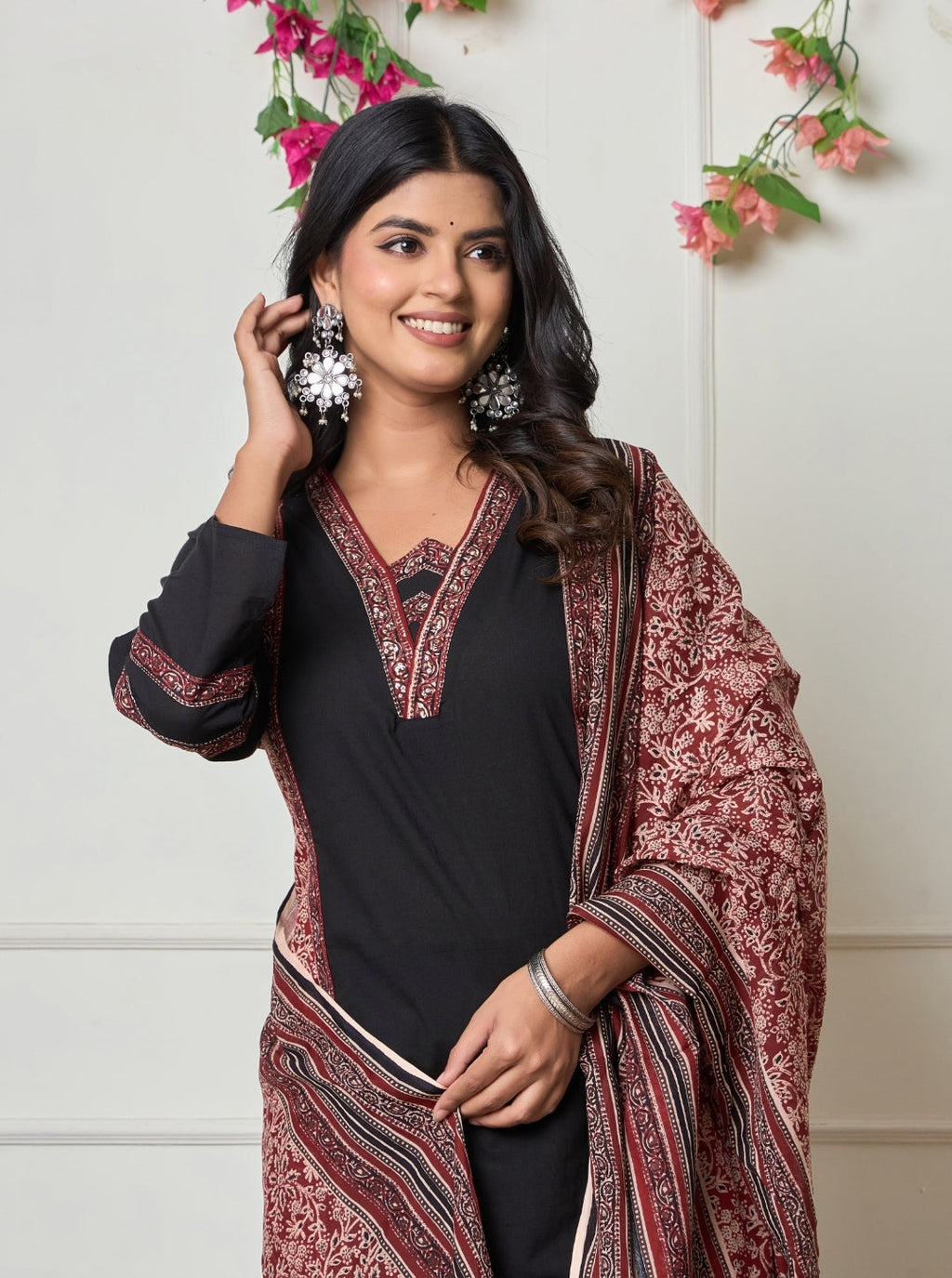 Elegant Black Cotton Printed Kurta Set with Maroon Dupatta