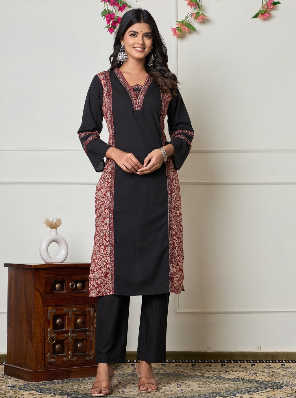 Elegant Black Cotton Printed Kurta Set with Maroon Dupatta