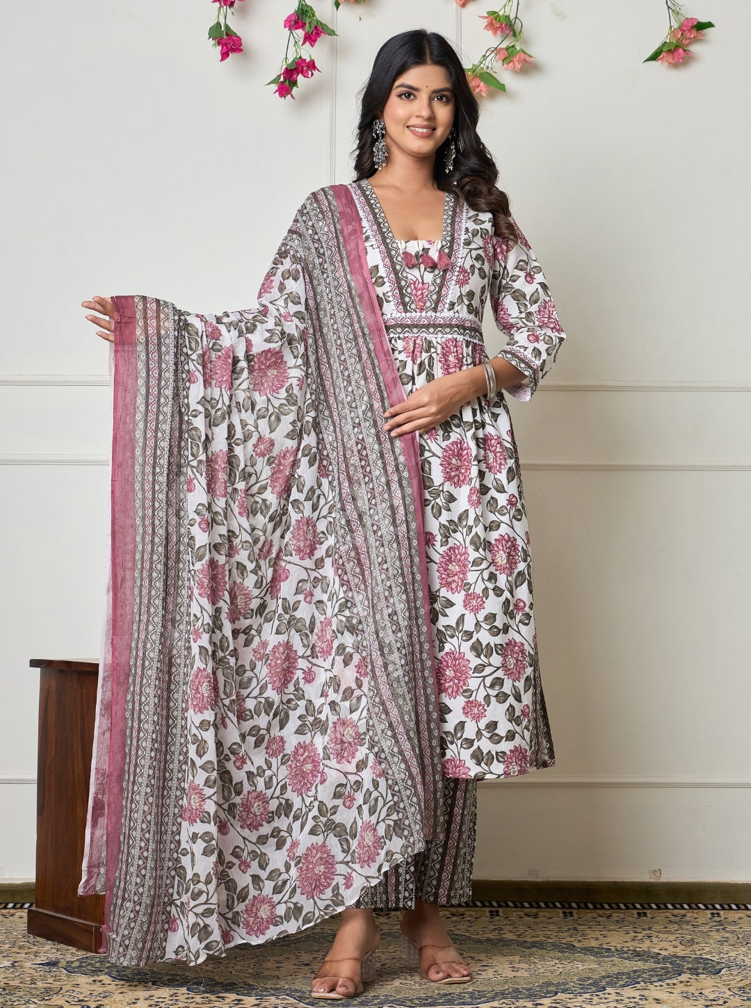 Elegant White Floral Printed Anarkali Kurta Set with Dupatta – Ethnic Wear for Women
