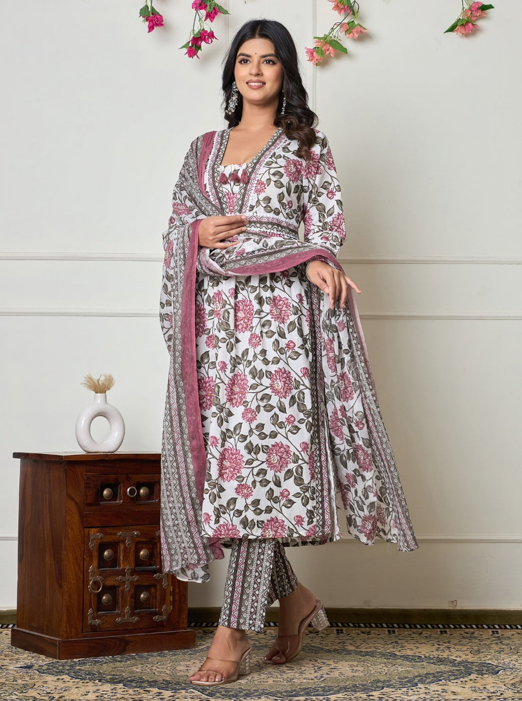 Elegant White Floral Printed Anarkali Kurta Set with Dupatta – Ethnic Wear for Women