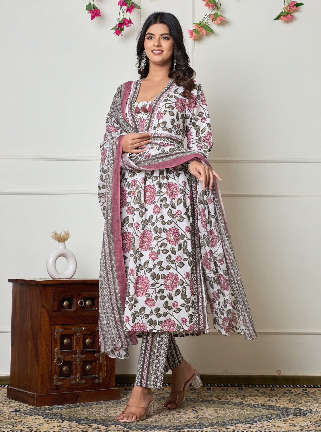 Elegant White Floral Printed Anarkali Kurta Set with Dupatta – Ethnic Wear for Women