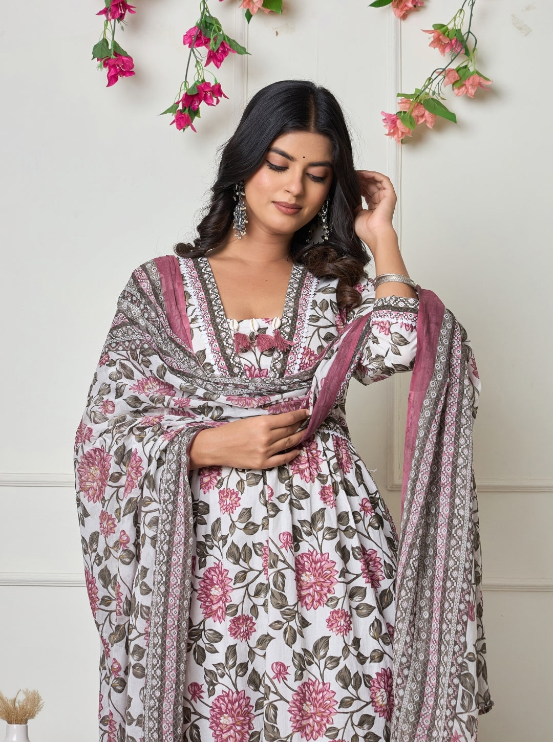 Elegant White Floral Printed Anarkali Kurta Set with Dupatta – Ethnic Wear for Women
