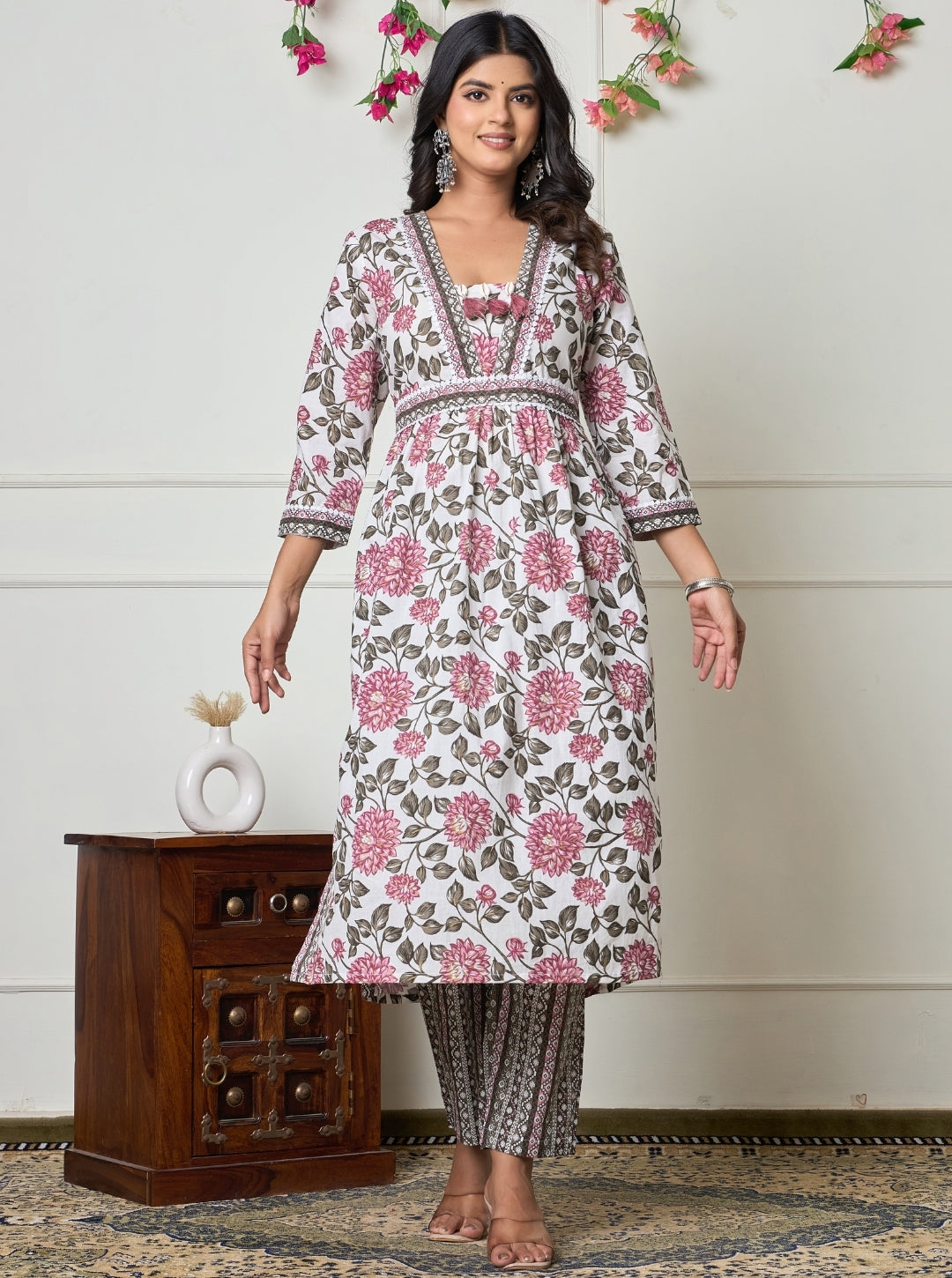Elegant White Floral Printed Anarkali Kurta Set with Dupatta – Ethnic Wear for Women