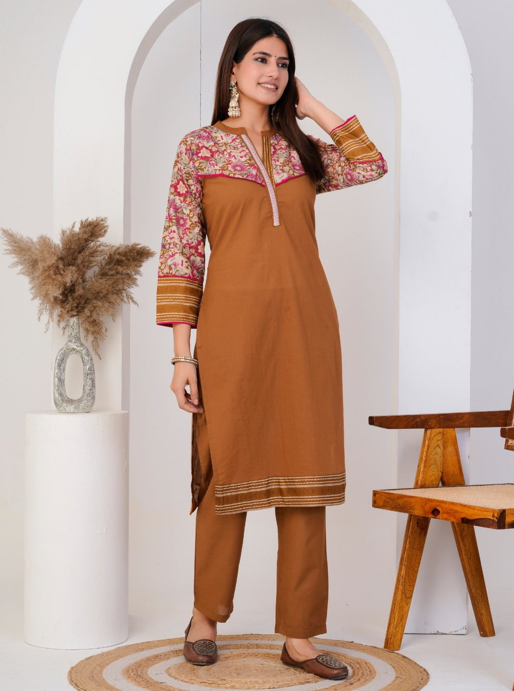 Brown Cotton Straight Kurta Pant Set with Floral Printed Yoke