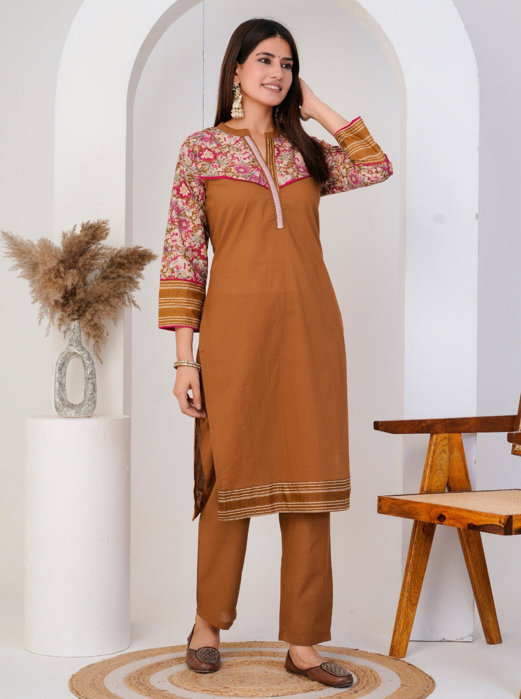 Brown Cotton Straight Kurta Pant Set with Floral Printed Yoke