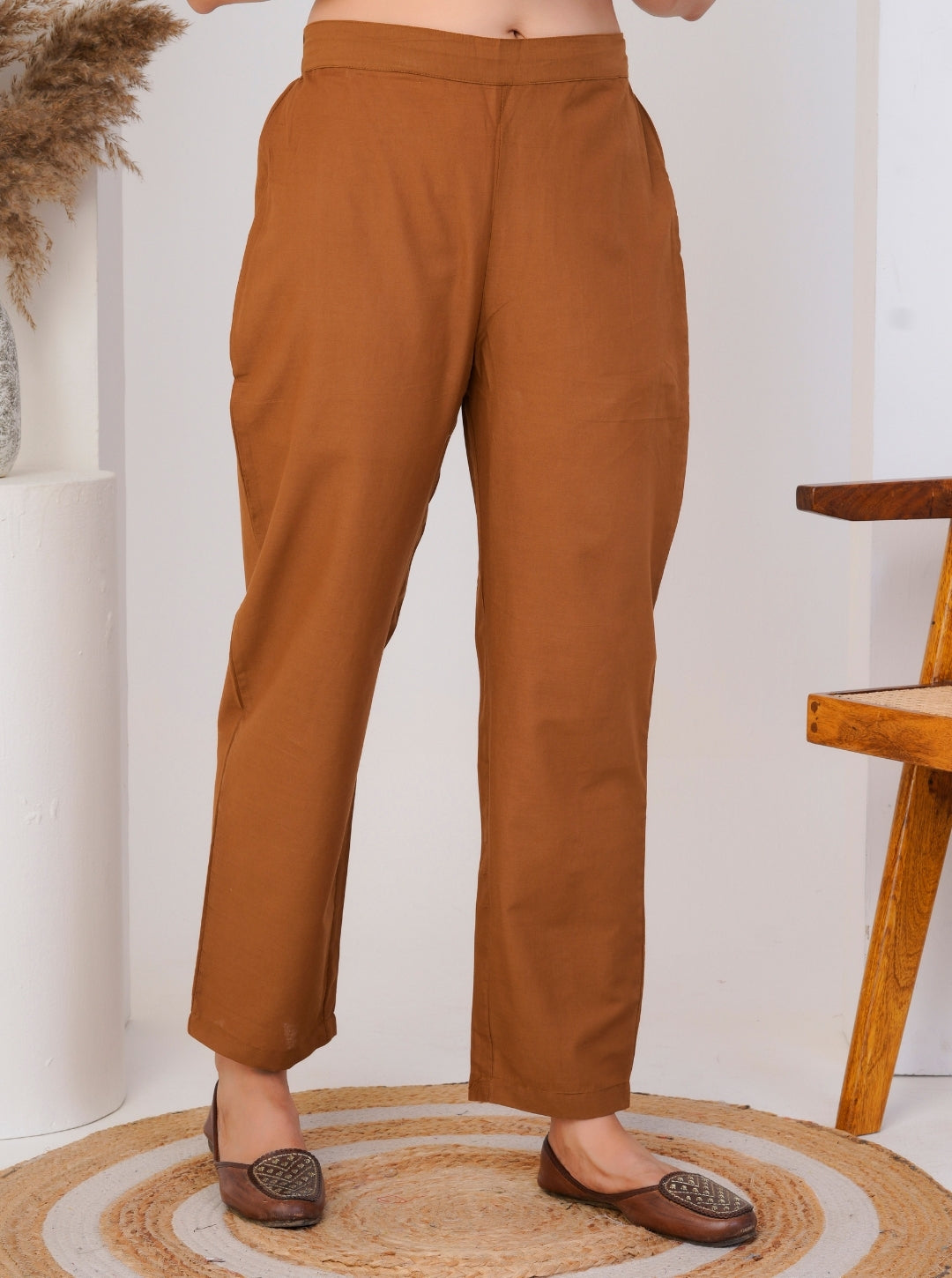 Brown Cotton Straight Kurta Pant Set with Floral Printed Yoke