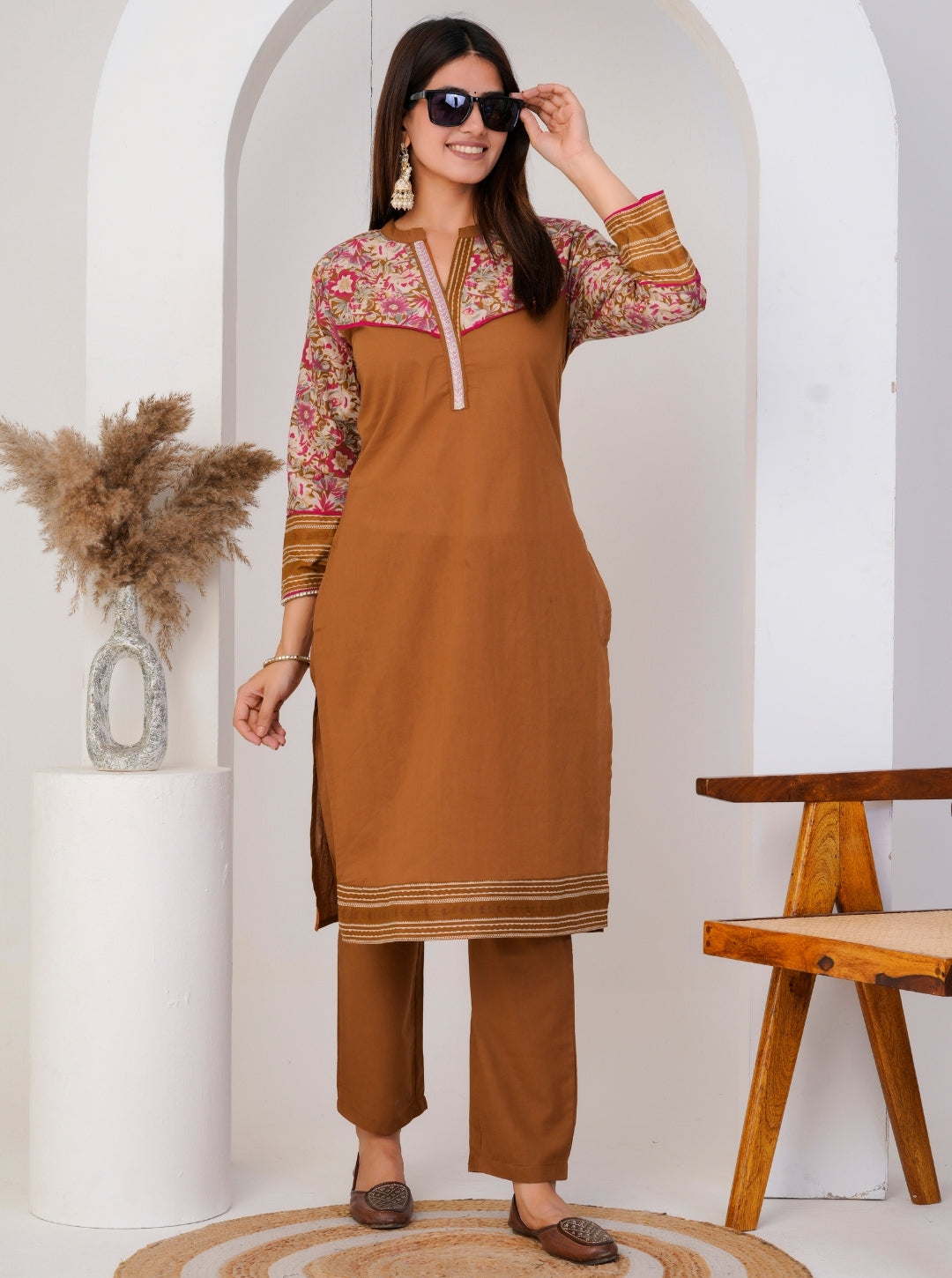 Brown Cotton Straight Kurta Pant Set with Floral Printed Yoke