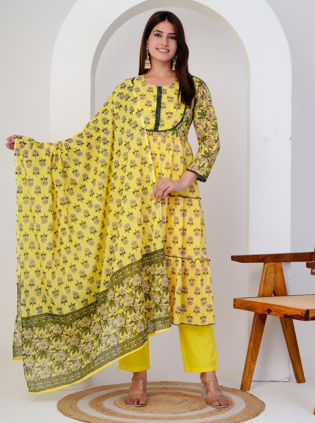 Bright Yellow Floral Anarkali Kurta Set with Printed Dupatta