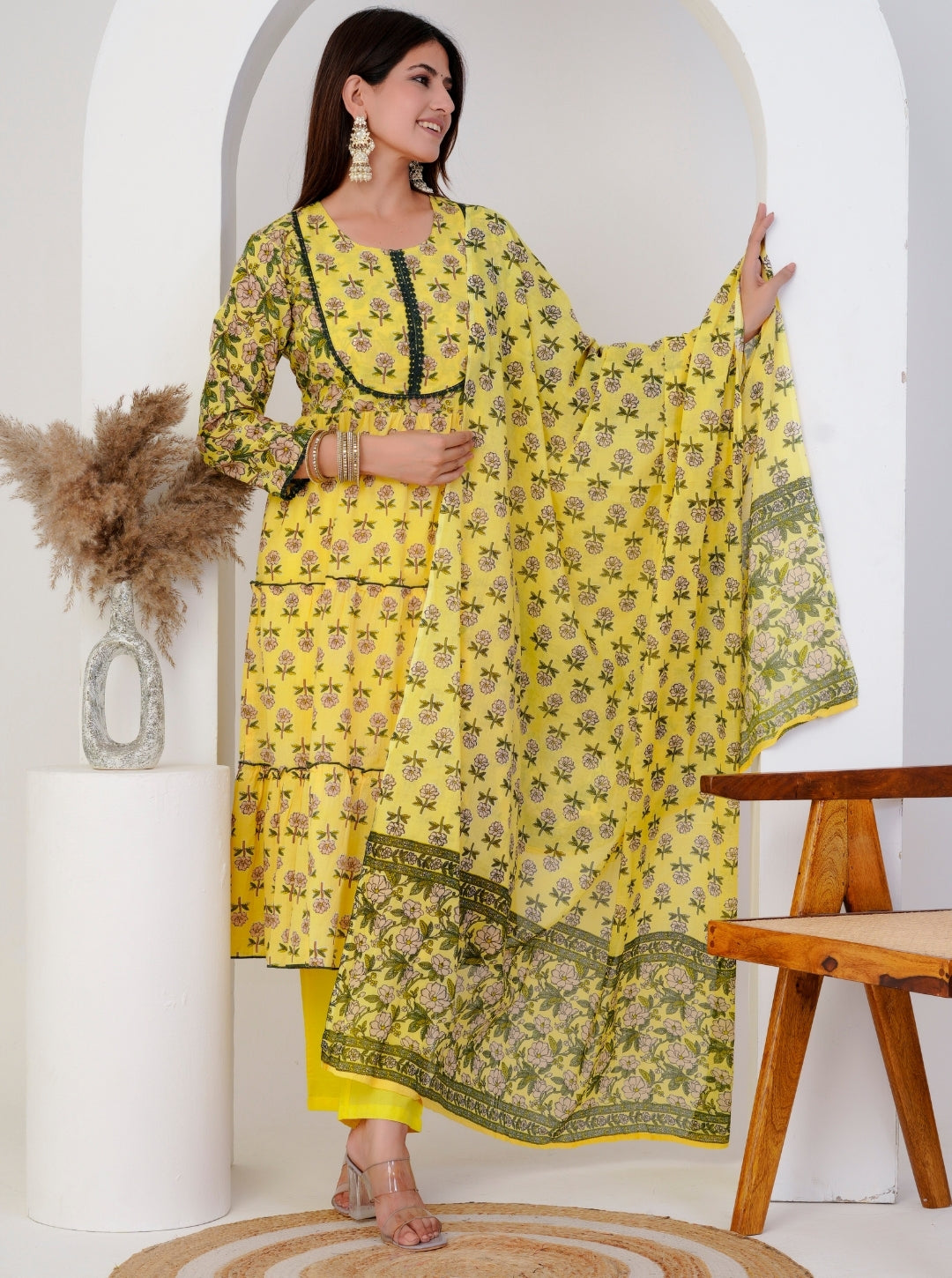 Bright Yellow Floral Anarkali Kurta Set with Printed Dupatta
