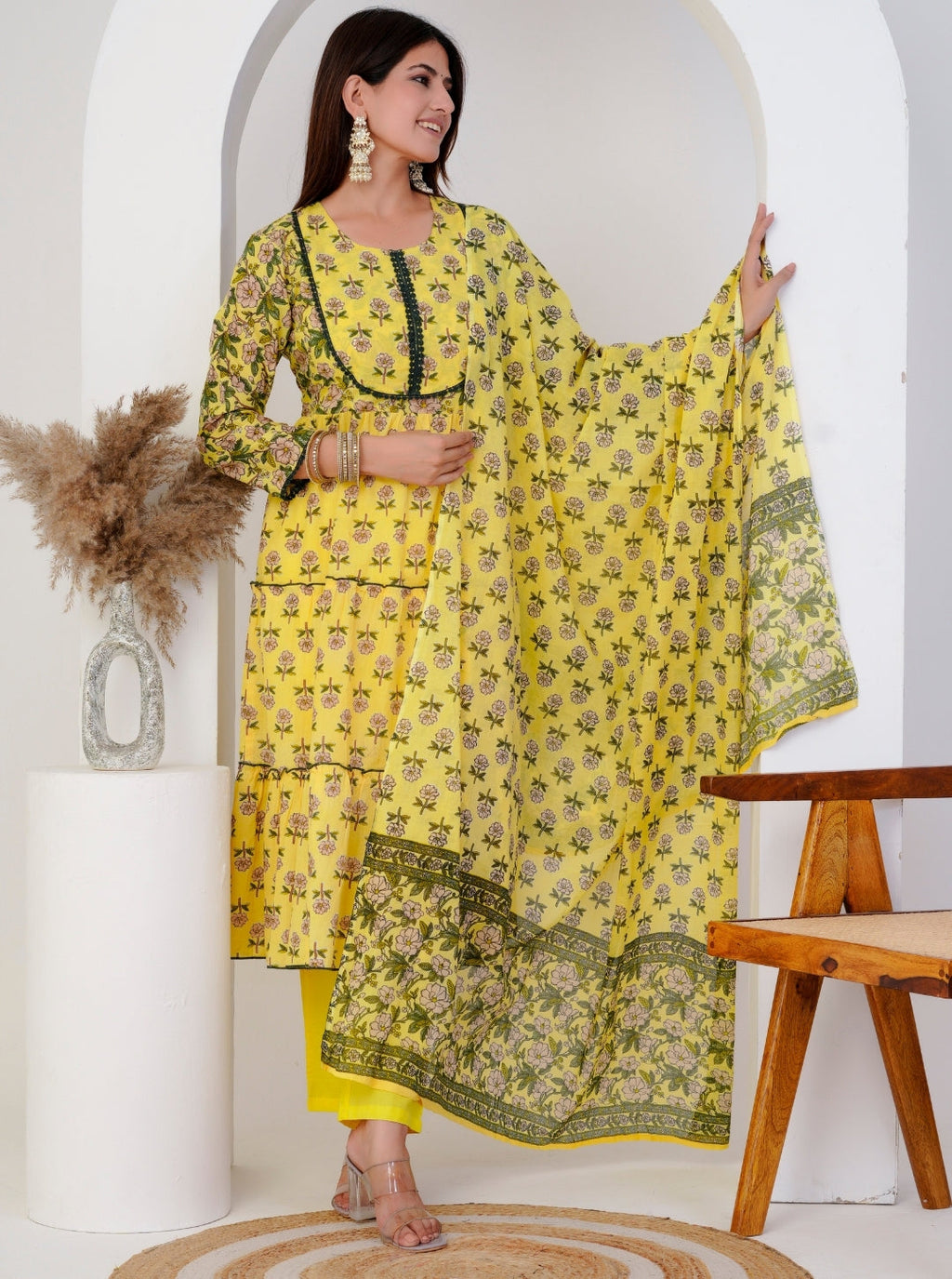 Bright Yellow Floral Anarkali Kurta Set with Printed Dupatta