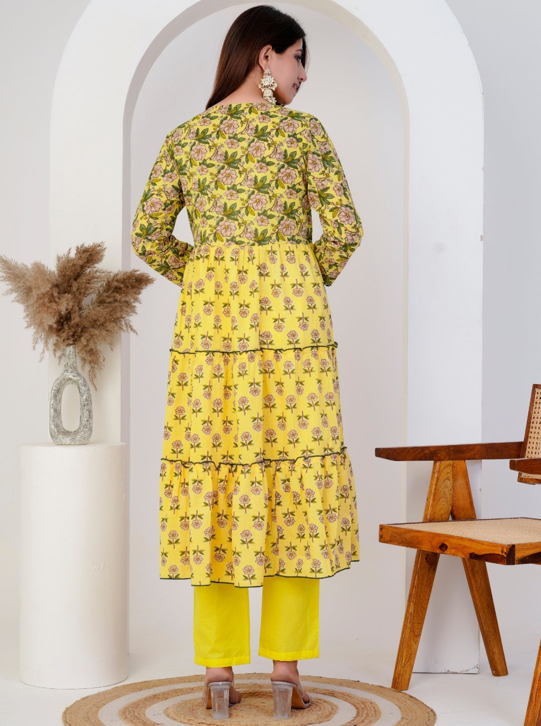 Bright Yellow Floral Anarkali Kurta Set with Printed Dupatta