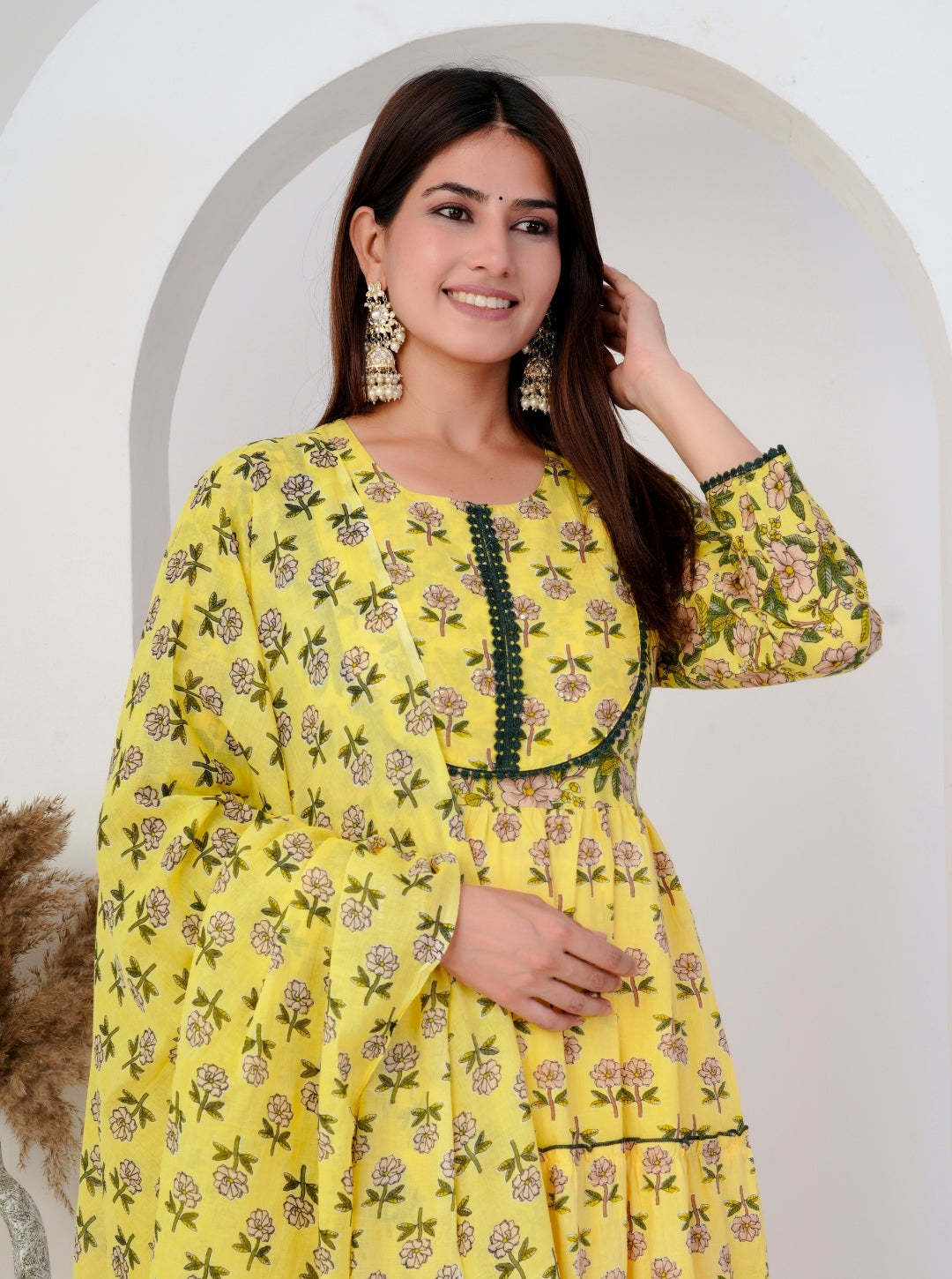 Bright Yellow Floral Anarkali Kurta Set with Printed Dupatta