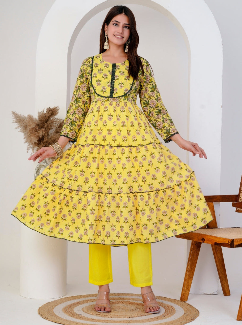 Bright Yellow Floral Anarkali Kurta Set with Printed Dupatta