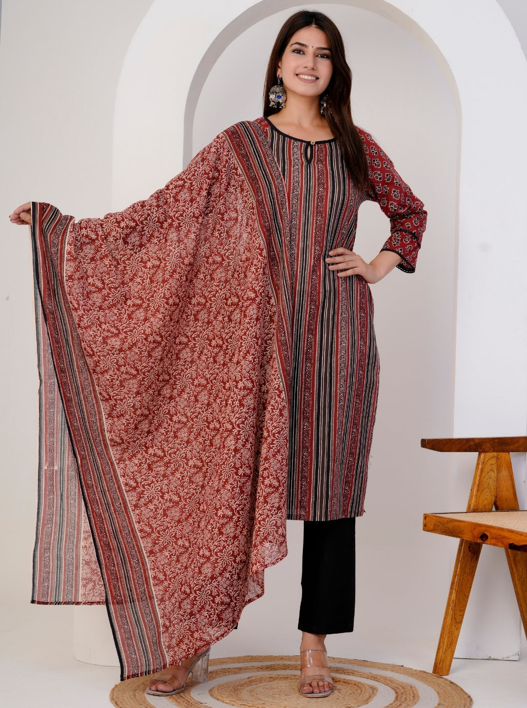 Women's Striped and Printed Cotton Kurta Set with Dupatta and Black Pants – Ethnic Indian Suit Set