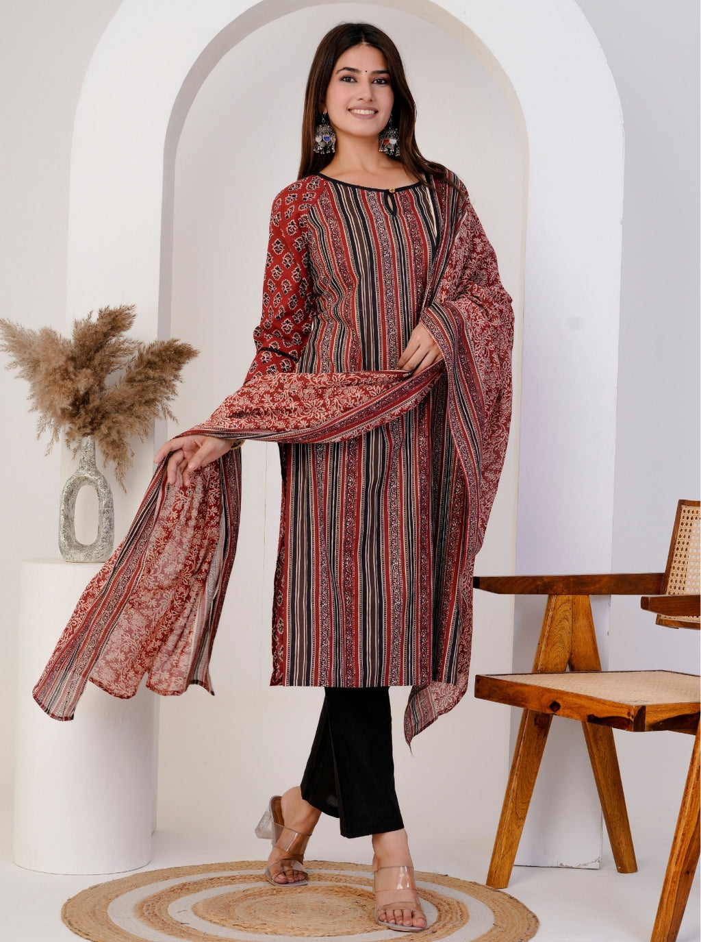 Women's Striped and Printed Cotton Kurta Set with Dupatta and Black Pants – Ethnic Indian Suit Set