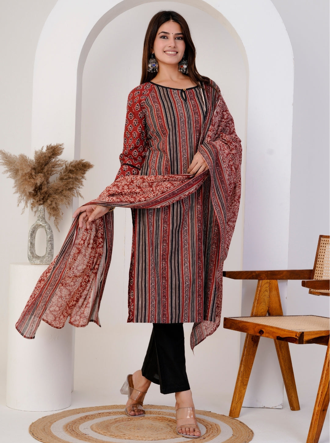 Women's Striped and Printed Cotton Kurta Set with Dupatta and Black Pants – Ethnic Indian Suit Set