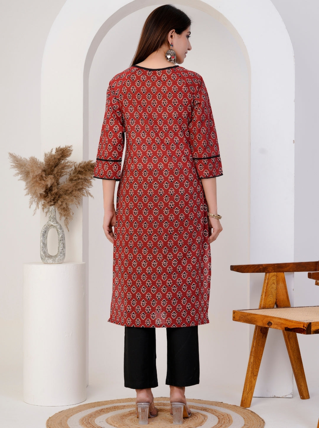 Women's Striped and Printed Cotton Kurta Set with Dupatta and Black Pants – Ethnic Indian Suit Set