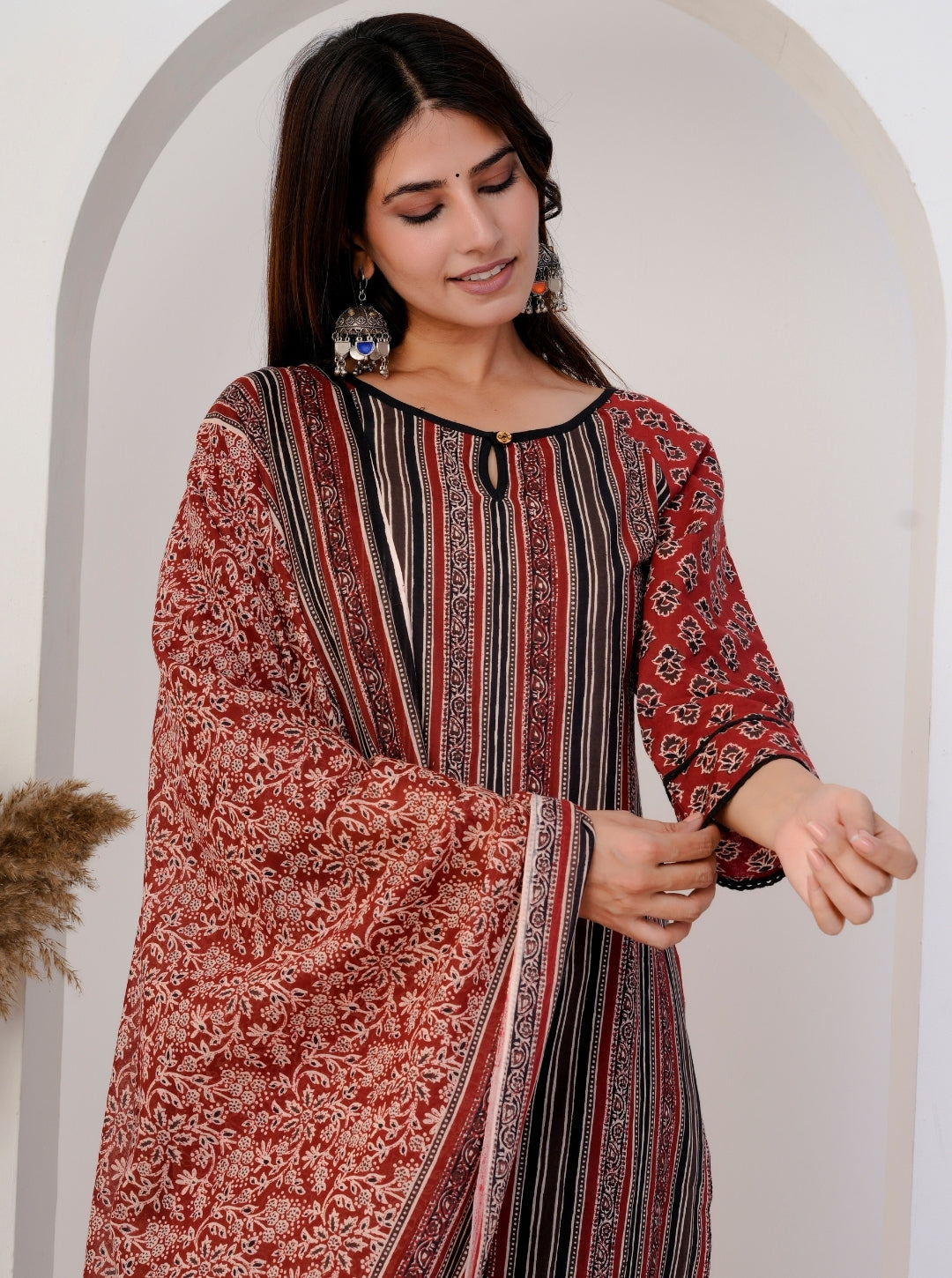 Women's Striped and Printed Cotton Kurta Set with Dupatta and Black Pants – Ethnic Indian Suit Set