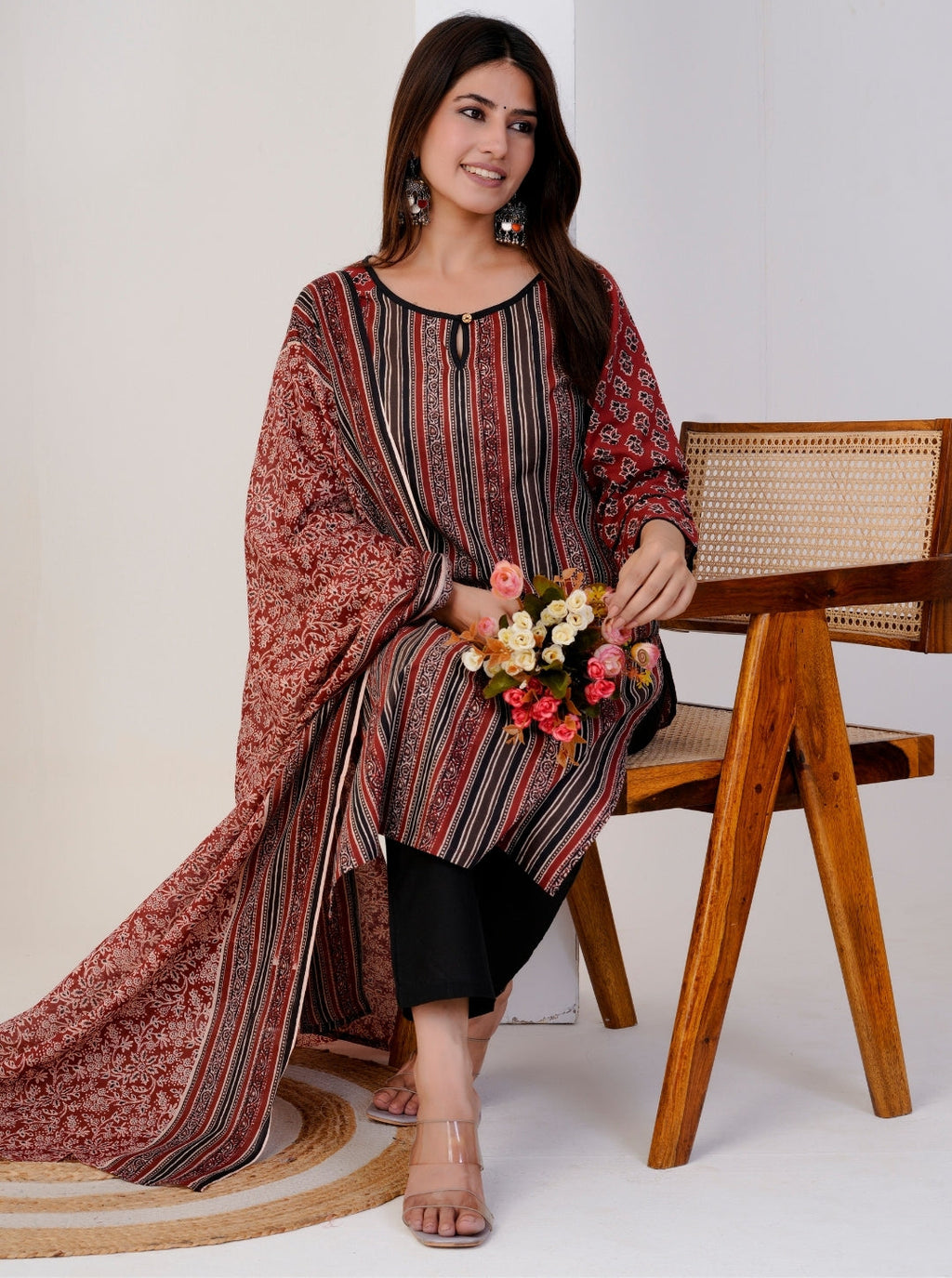 Women's Striped and Printed Cotton Kurta Set with Dupatta and Black Pants – Ethnic Indian Suit Set