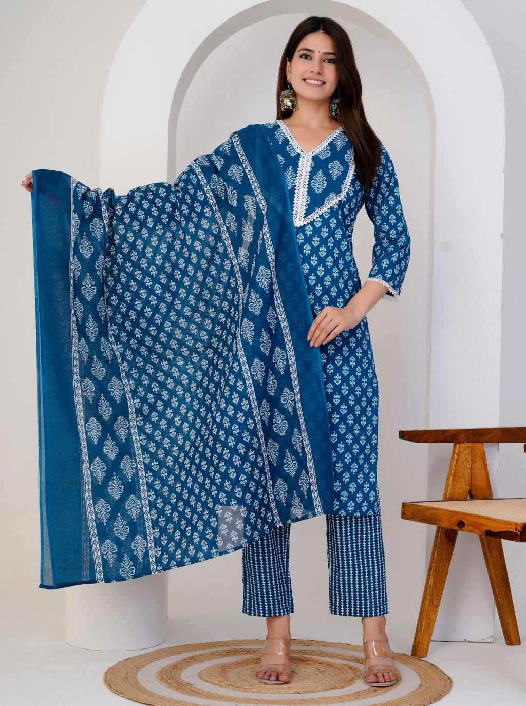 Blue Cotton Printed Kurta Set with Pants & Dupatta | Ethnic Wear for Women