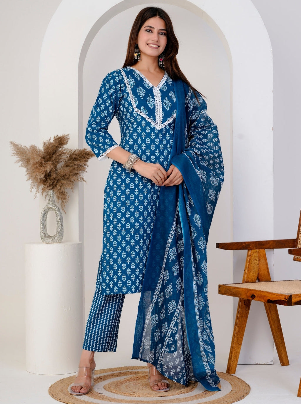 Blue Cotton Printed Kurta Set with Pants & Dupatta | Ethnic Wear for Women