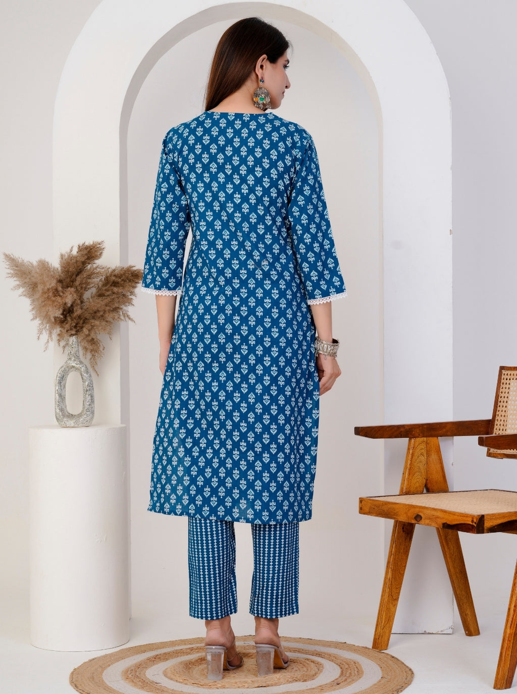 Blue Cotton Printed Kurta Set with Pants & Dupatta | Ethnic Wear for Women