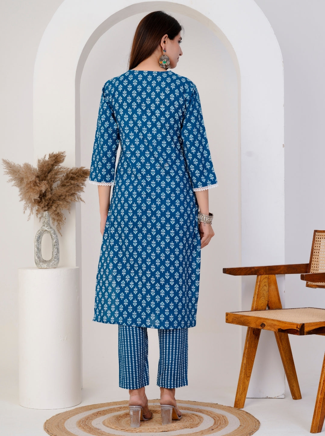 Blue Cotton Printed Kurta Set with Pants & Dupatta | Ethnic Wear for Women
