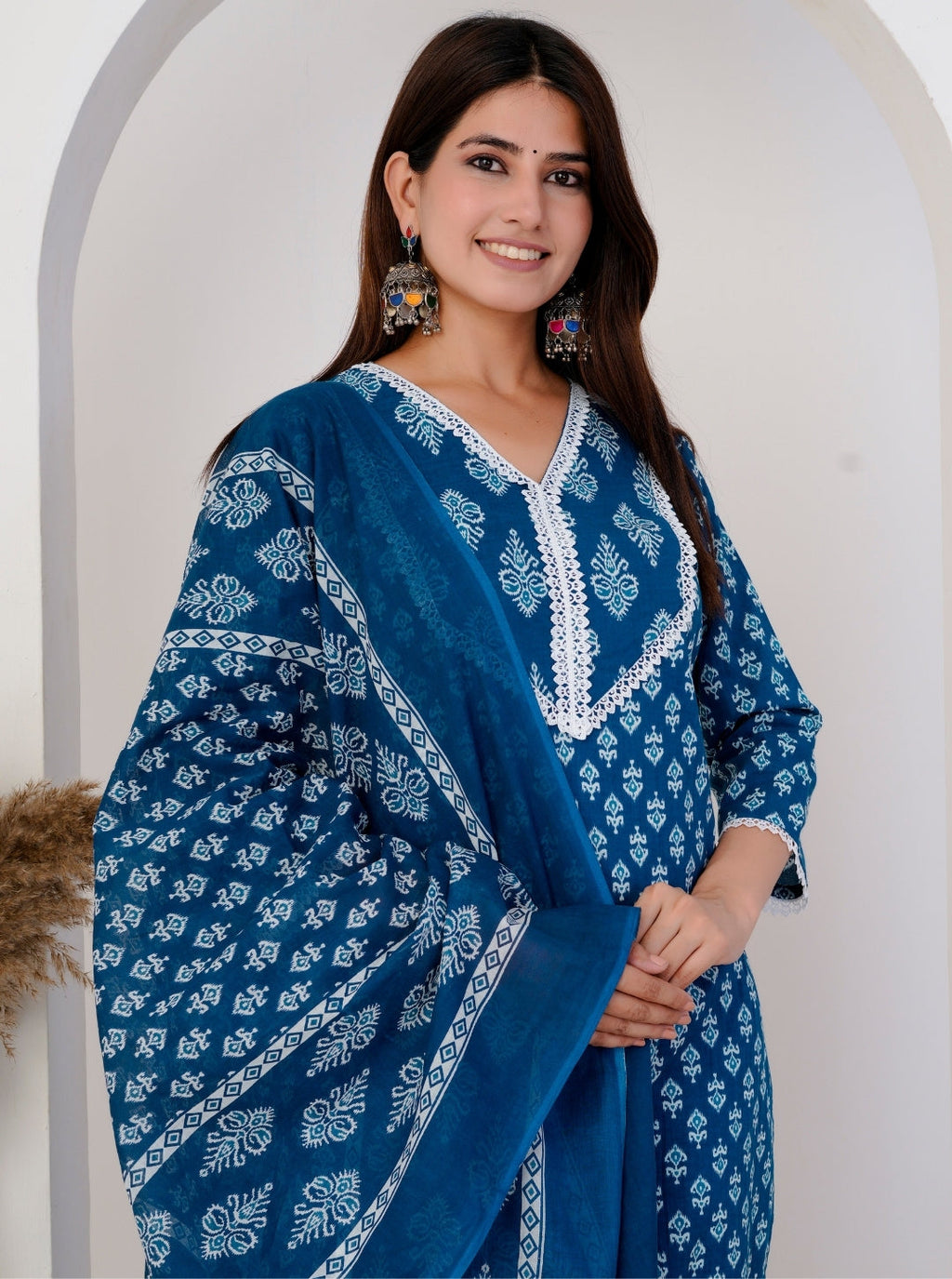 Blue Cotton Printed Kurta Set with Pants & Dupatta | Ethnic Wear for Women