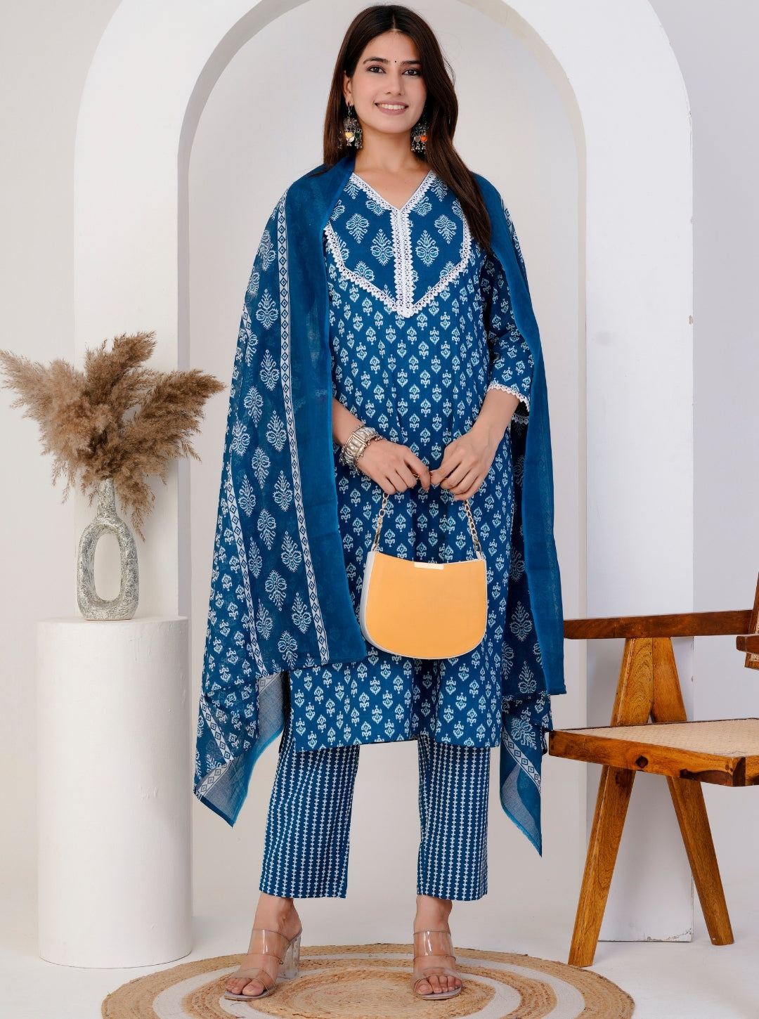 Blue Cotton Printed Kurta Set with Pants & Dupatta | Ethnic Wear for Women