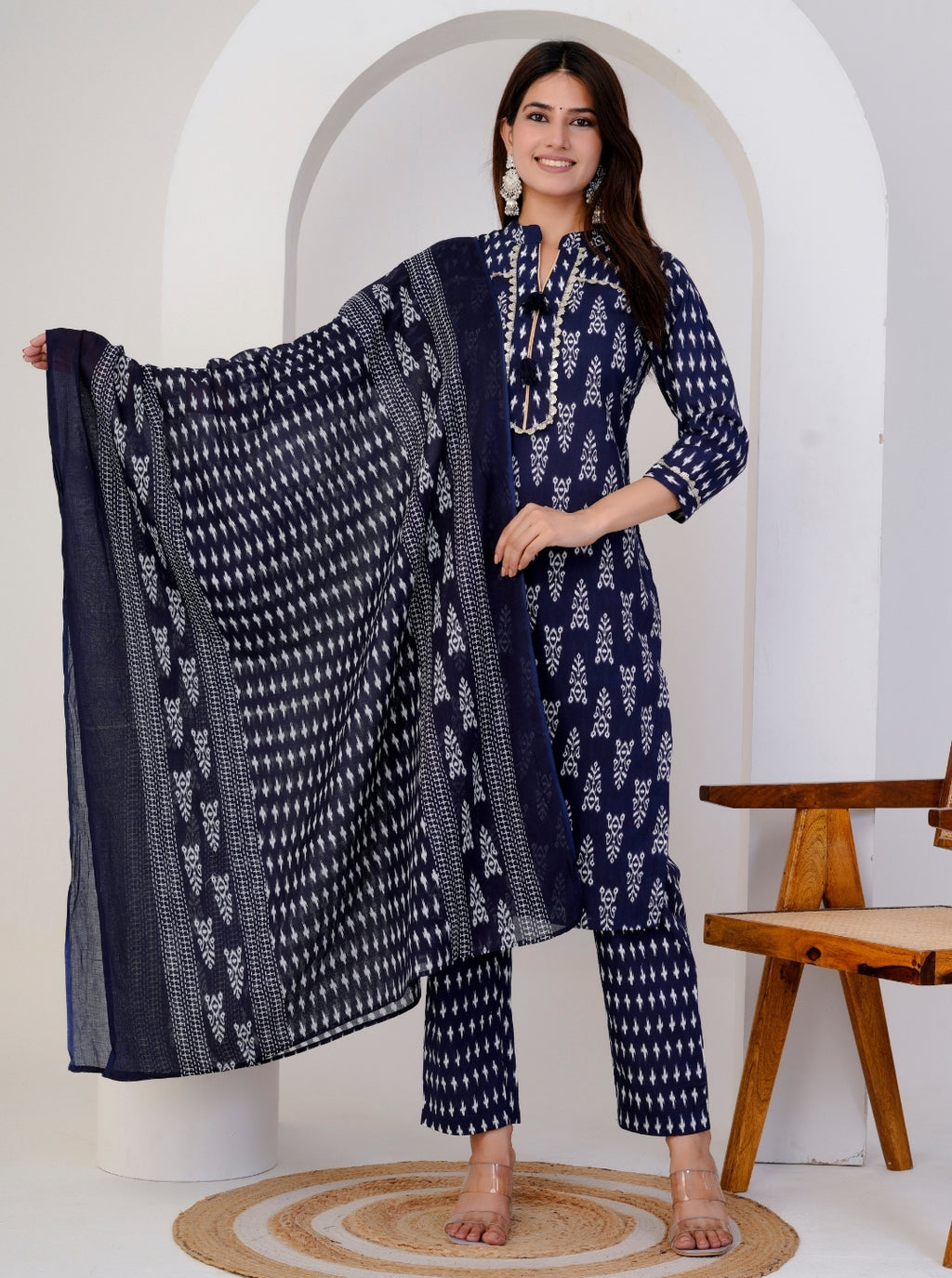 Indigo Handblock Printed Cotton Kurta Set with Dupatta for Women - Comfortable Ethnic Wear