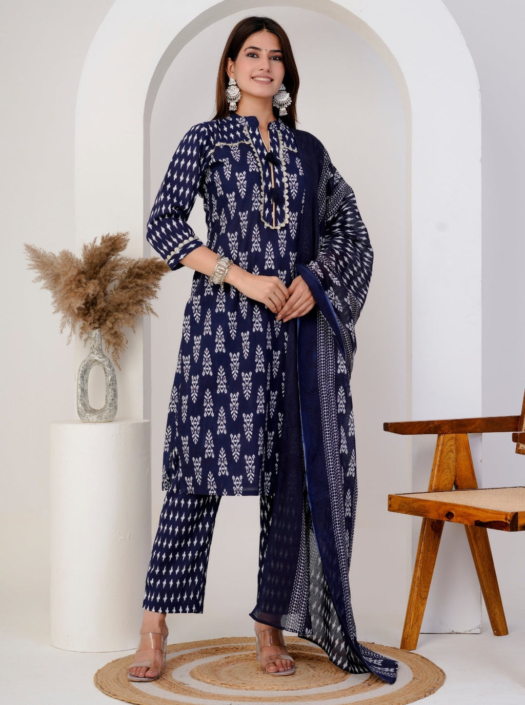 Indigo Handblock Printed Cotton Kurta Set with Dupatta for Women - Comfortable Ethnic Wear