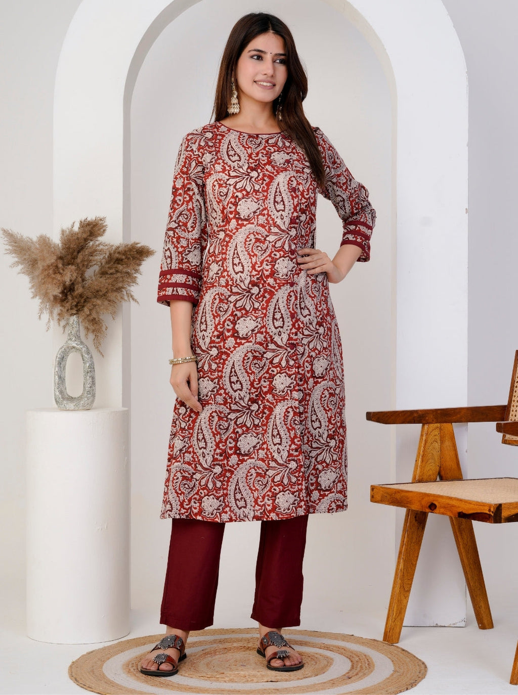 Women’s Rust Red Paisley Print Cotton Kurta Set with Straight Pants