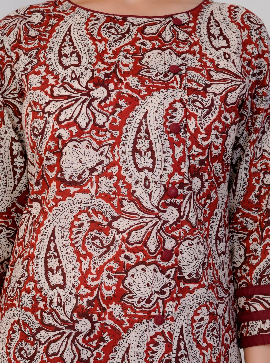 Women’s Rust Red Paisley Print Cotton Kurta Set with Straight Pants