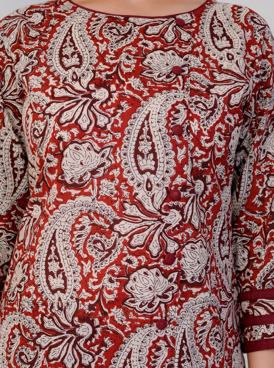 Women’s Rust Red Paisley Print Cotton Kurta Set with Straight Pants