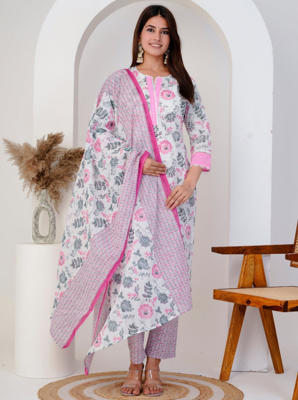 White and Pink Floral Printed Cotton Kurta Set with Dupatta