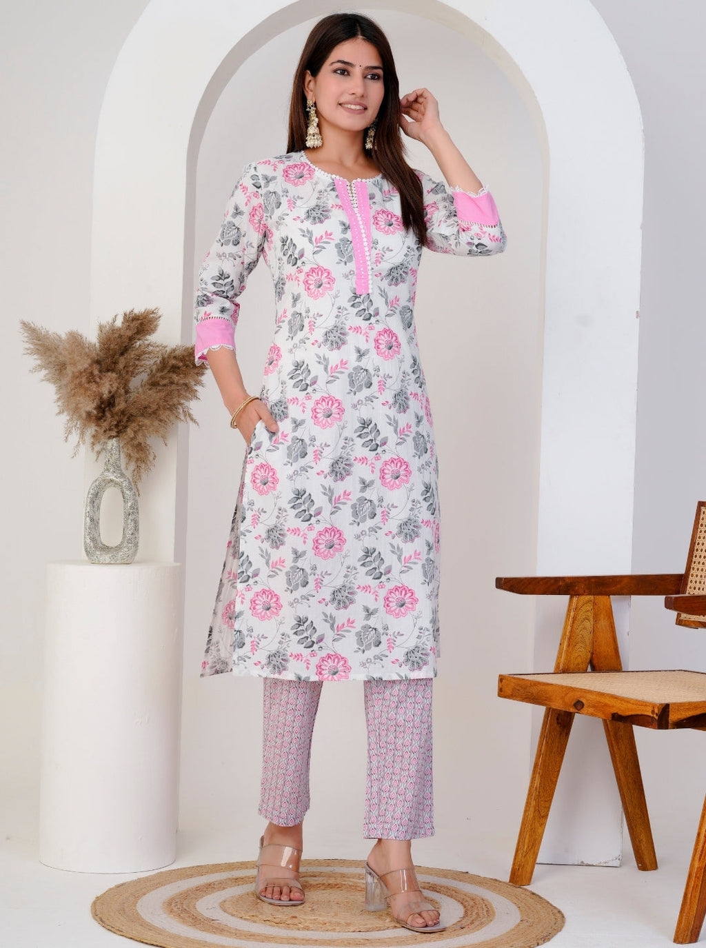 White and Pink Floral Printed Cotton Kurta Set with Dupatta