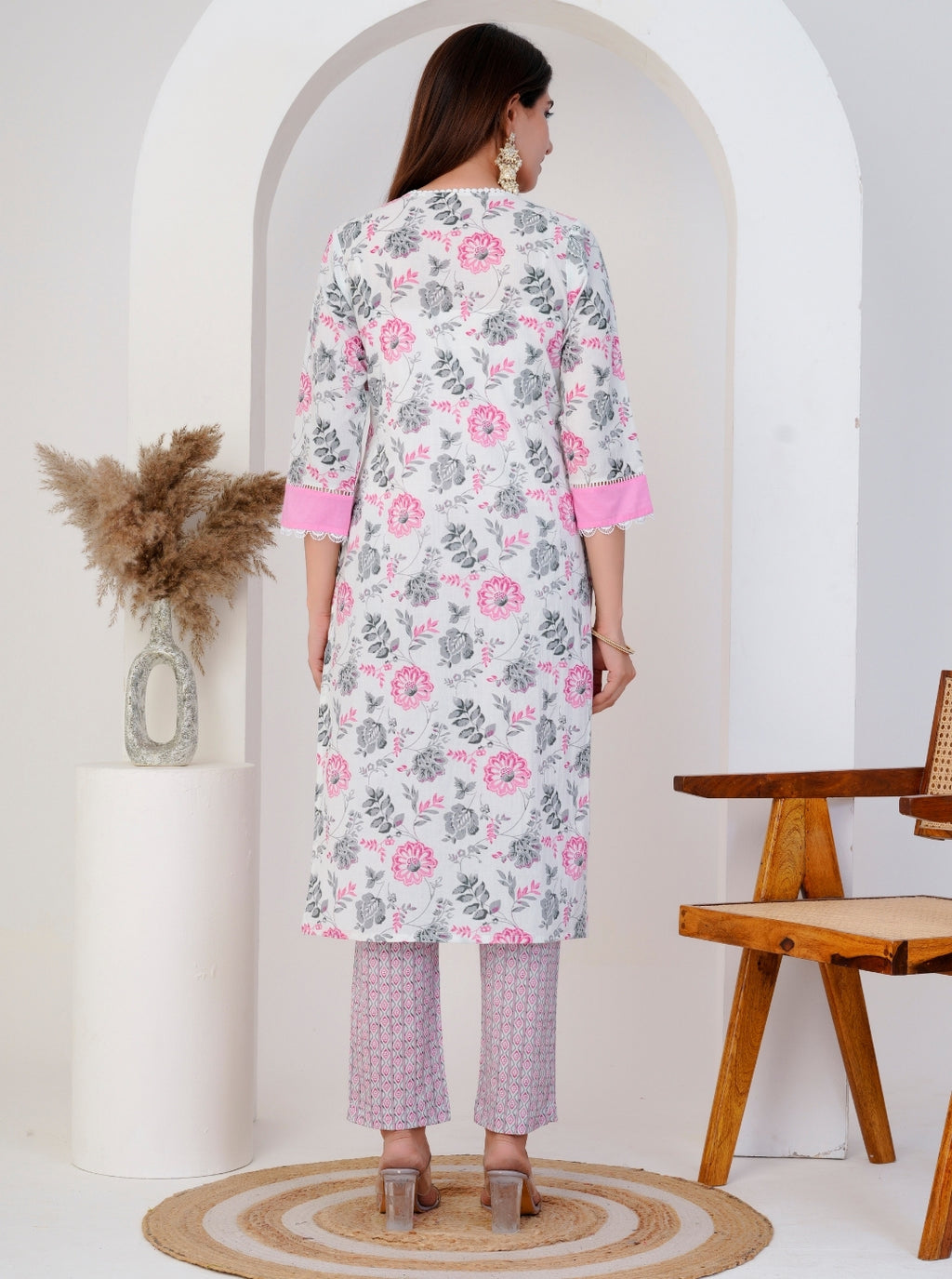 White and Pink Floral Printed Cotton Kurta Set with Dupatta