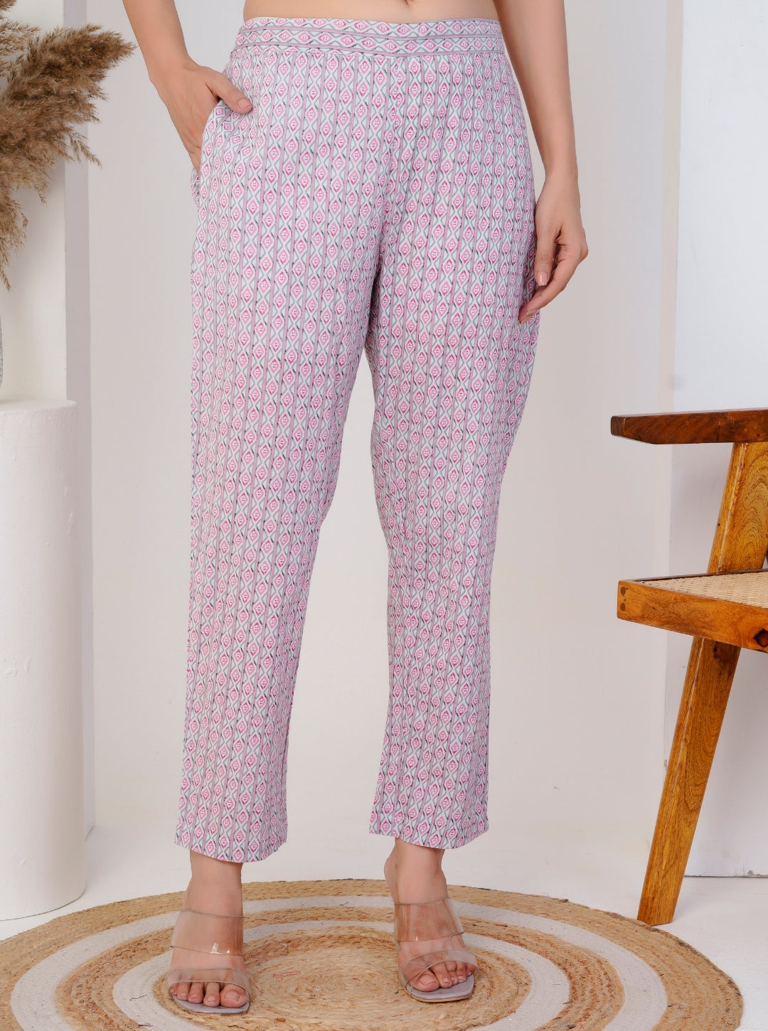 White and Pink Floral Printed Cotton Kurta Set with Dupatta