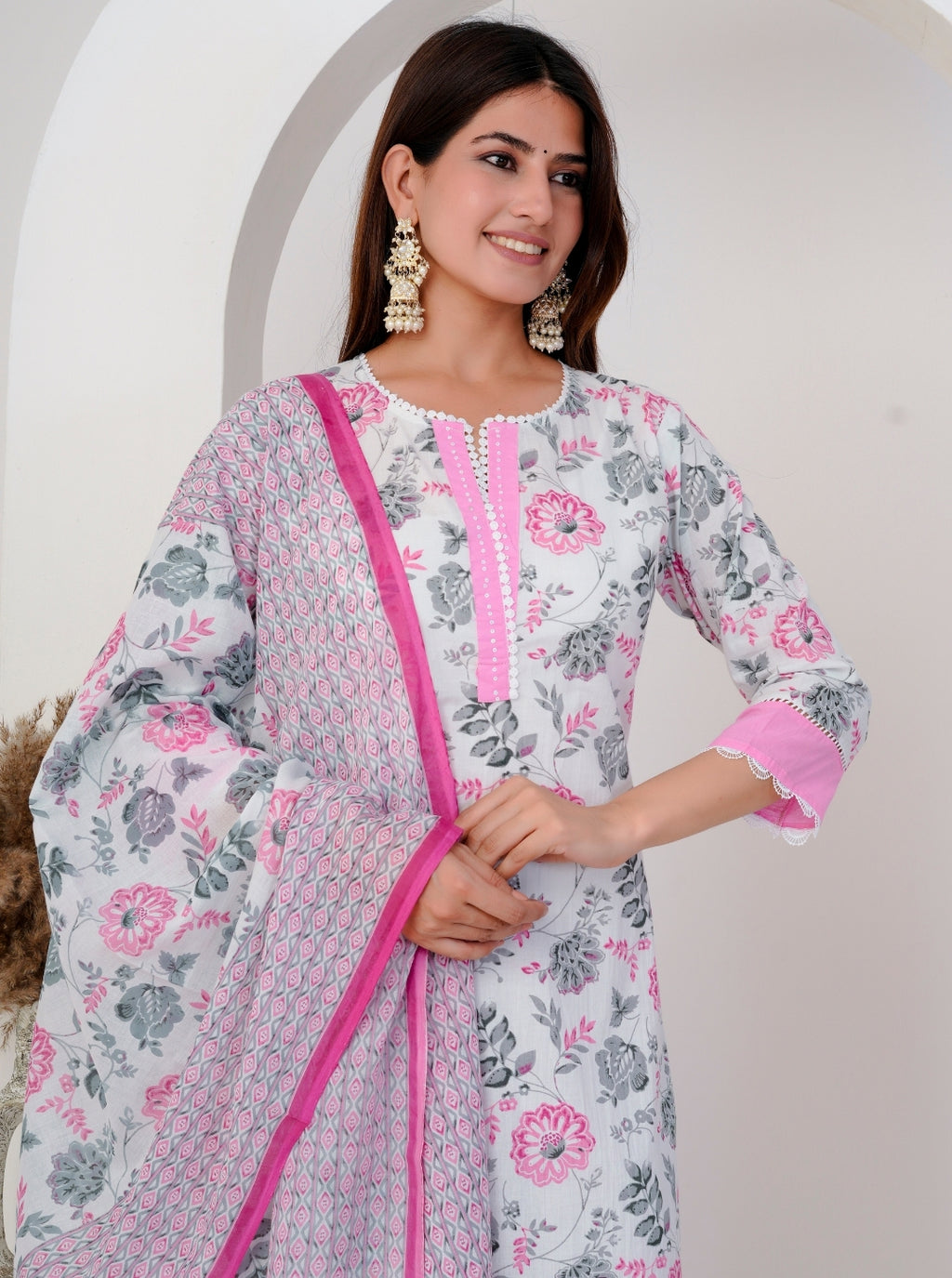White and Pink Floral Printed Cotton Kurta Set with Dupatta
