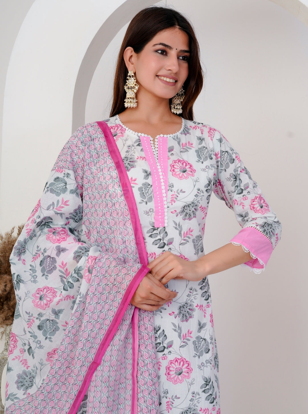 White and Pink Floral Printed Cotton Kurta Set with Dupatta
